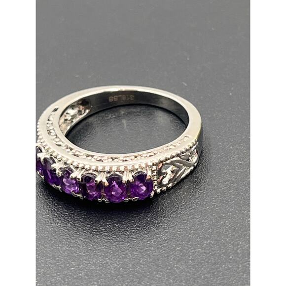 Amethyst Faceted Oval Sterling Stainless Steel Open Heart Flank Ring Sz 7.5 - Picture 6 of 8